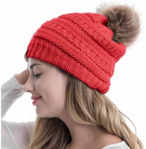 Skullies & Beanies Women Winter Knit Warm Beanie with Faux Fur Pompom Soft Chunky Baggy Skull Ski Cap - Red - C9192NYXAT3