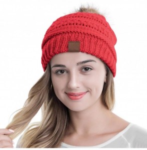 Skullies & Beanies Women Winter Knit Warm Beanie with Faux Fur Pompom Soft Chunky Baggy Skull Ski Cap - Red - C9192NYXAT3