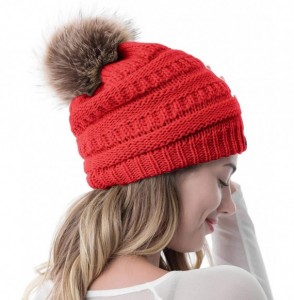 Skullies & Beanies Women Winter Knit Warm Beanie with Faux Fur Pompom Soft Chunky Baggy Skull Ski Cap - Red - C9192NYXAT3