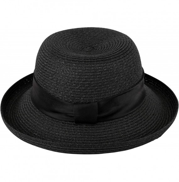 Sun Hats Women's Lightweight Packable Bucket Straw Sun Hat with Decorative Ribbon - Black - C618CCNGHZL