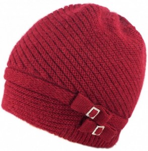 Skullies & Beanies Women's Angora Beanie Hat Rhinestone Square Double Bow Dual Layer - Red - CS128CZJLW9