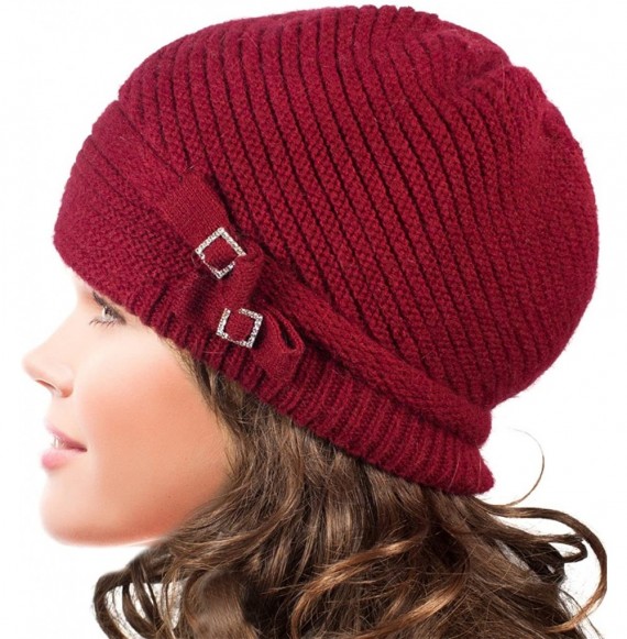 Skullies & Beanies Women's Angora Beanie Hat Rhinestone Square Double Bow Dual Layer - Red - CS128CZJLW9