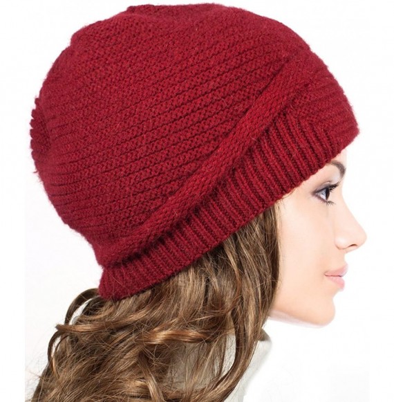 Skullies & Beanies Women's Angora Beanie Hat Rhinestone Square Double Bow Dual Layer - Red - CS128CZJLW9