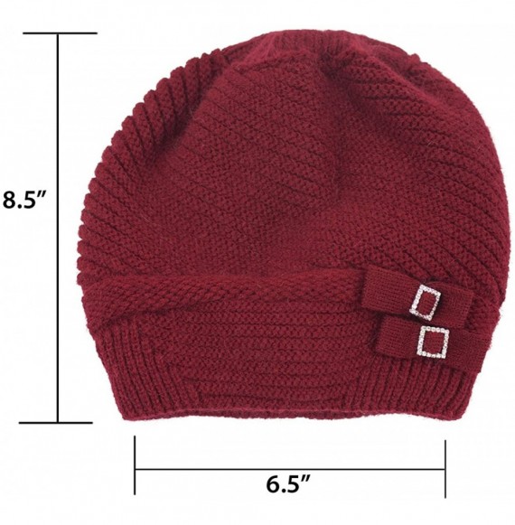 Skullies & Beanies Women's Angora Beanie Hat Rhinestone Square Double Bow Dual Layer - Red - CS128CZJLW9