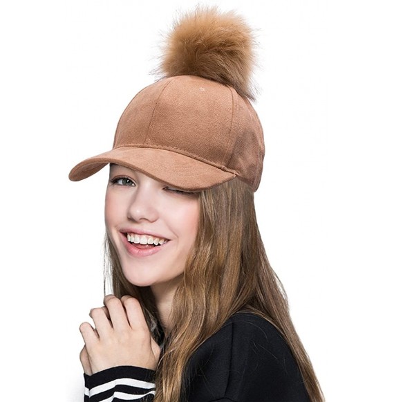 Baseball Caps Womens Adjustable Suede Baseball Cap Hip-Hop Hat Faux Fur Pom Pom A383 - Tan - CN187DI4XZ3