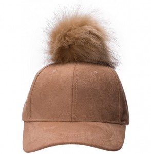 Baseball Caps Womens Adjustable Suede Baseball Cap Hip-Hop Hat Faux Fur Pom Pom A383 - Tan - CN187DI4XZ3