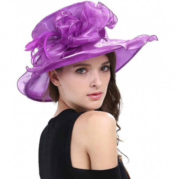 Sun Hats Women Kentucky Derby Fascinator Hat Vintage Easter Church Hat for Royal Ascot Wedding Tea Party - Purple - CZ11VQ2E7BL