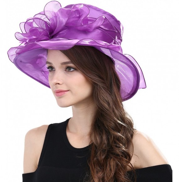 Sun Hats Women Kentucky Derby Fascinator Hat Vintage Easter Church Hat for Royal Ascot Wedding Tea Party - Purple - CZ11VQ2E7BL