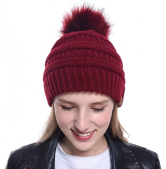 Skullies & Beanies Women Casual Knit Hats Beanie Hat Large Pom Ladies Winter Warm Cap - Wine - CQ18AYY7NDM