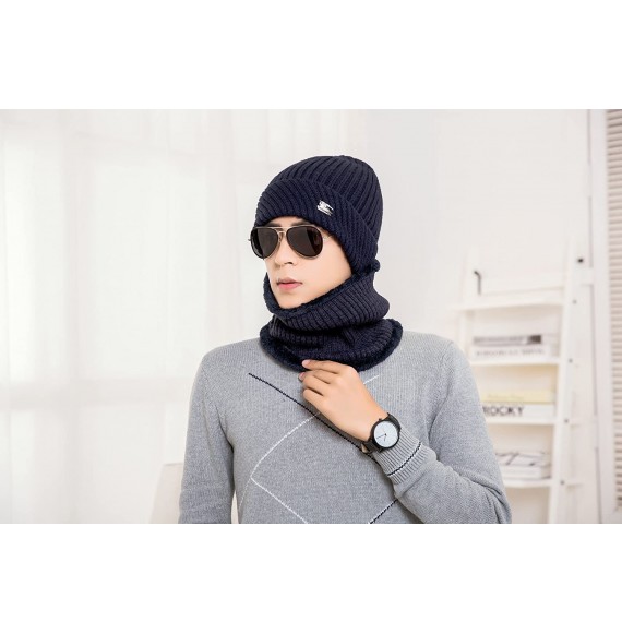 Skullies & Beanies Winter Beanie Hat Scarf Set Fleece Lining Warm Knit Hat Thick Knit Skull Cap - Navy - CF1878LKWWY