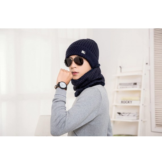 Skullies & Beanies Winter Beanie Hat Scarf Set Fleece Lining Warm Knit Hat Thick Knit Skull Cap - Navy - CF1878LKWWY