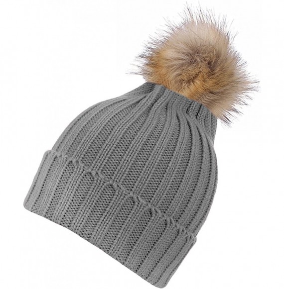 Skullies & Beanies Women's Fluffy Faux Fur Pom Pom Beanie Hat - Grey - C7187EGDA64