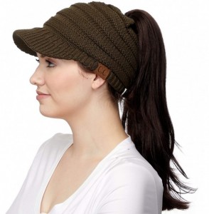 Skullies & Beanies Messy Bun Ponytail Visor Brim Beanie Hat Bundle Hair Tie (MB-131) - New Olive - With Cc Ponytail Holder - ...