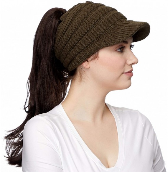 Skullies & Beanies Messy Bun Ponytail Visor Brim Beanie Hat Bundle Hair Tie (MB-131) - New Olive - With Cc Ponytail Holder - ...