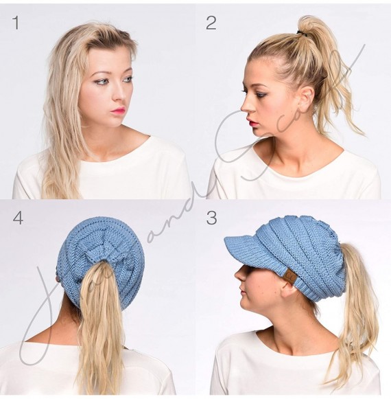 Skullies & Beanies Messy Bun Ponytail Visor Brim Beanie Hat Bundle Hair Tie (MB-131) - New Olive - With Cc Ponytail Holder - ...