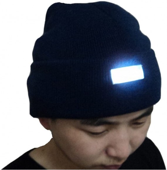 Skullies & Beanies Mens Winter 5 lED Lights Lighted Night Fishing Knitt Beanie Hat Cap Roll-up Brim - Navy - C7129850469