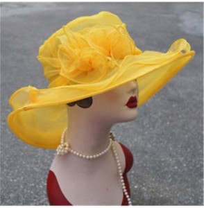 Sun Hats Summer Elegant Women Kentucky Derby Wide Brim for Women Wedding Party Church Occasional Organza Sun Hat - Yellow - C...