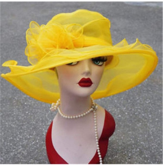 Sun Hats Summer Elegant Women Kentucky Derby Wide Brim for Women Wedding Party Church Occasional Organza Sun Hat - Yellow - C...