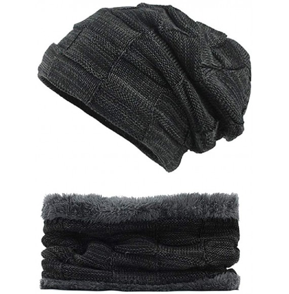 Skullies & Beanies Mens Winter Hats Slouchy Beanie Hat Scarf Set Knit Fleece Lining Gift - Black - CH18I29D2K2