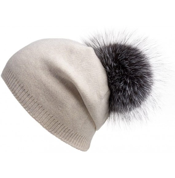 Skullies & Beanies Women's Slouchy Beanie Hat with Fur Pompom Warm Winter Hat - Beige( Gray Pompom) - CC185K8I496