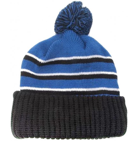 Skullies & Beanies Richardson Striped Pom Knit Cuffed Beanie - Royal/Black/White - CT12O1Q6RZC