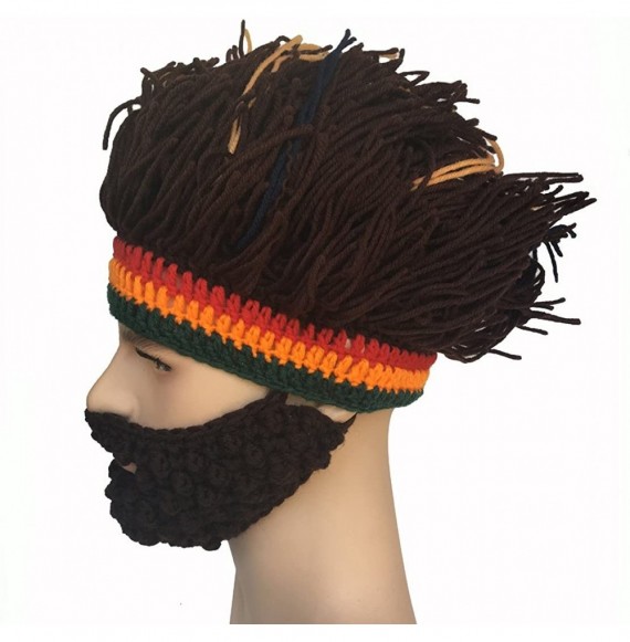 Skullies & Beanies Barbarian Knit Bearded Hats Wig Mask Original Foldaway Funny Caps - Brown - CS187CSLQ79