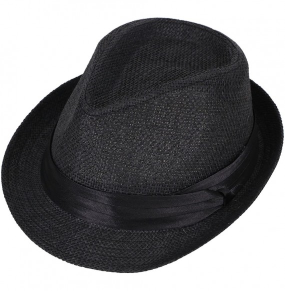 Fedoras Mens Womens Short Brim Structured Straw Fedora Hat Summer Sun Hat - Black - CJ18CO5QK35