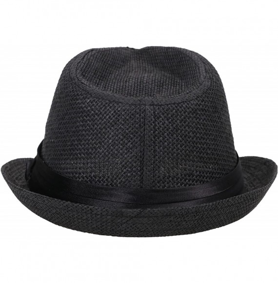 Fedoras Mens Womens Short Brim Structured Straw Fedora Hat Summer Sun Hat - Black - CJ18CO5QK35