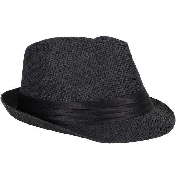 Fedoras Mens Womens Short Brim Structured Straw Fedora Hat Summer Sun Hat - Black - CJ18CO5QK35