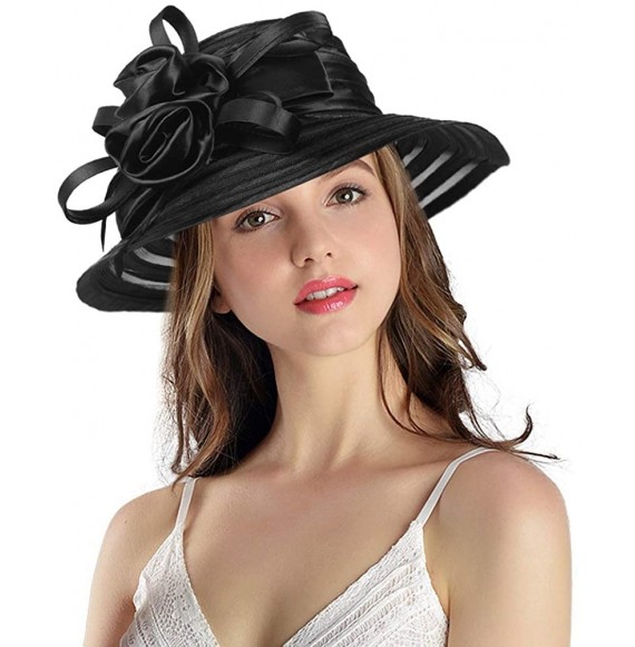 Sun Hats Women's Big Floral Fascinator Kentucky Derby Church Floppy Wide Brim Cloche Bucket Hat - Black - CV11S1HI68J