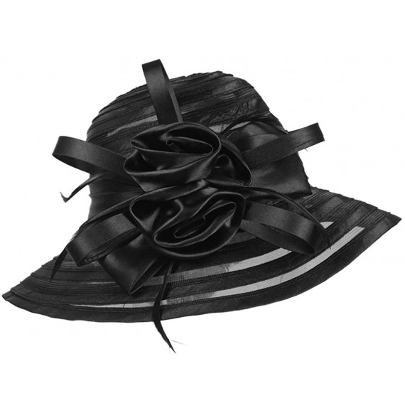 Sun Hats Women's Big Floral Fascinator Kentucky Derby Church Floppy Wide Brim Cloche Bucket Hat - Black - CV11S1HI68J