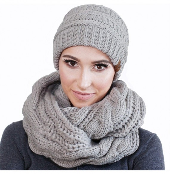 Skullies & Beanies Hat and Scarf Set Slouchy Cable Knit Beanie Winter Cap with Matching Infinity Scarf for Women - Grey - CV1...