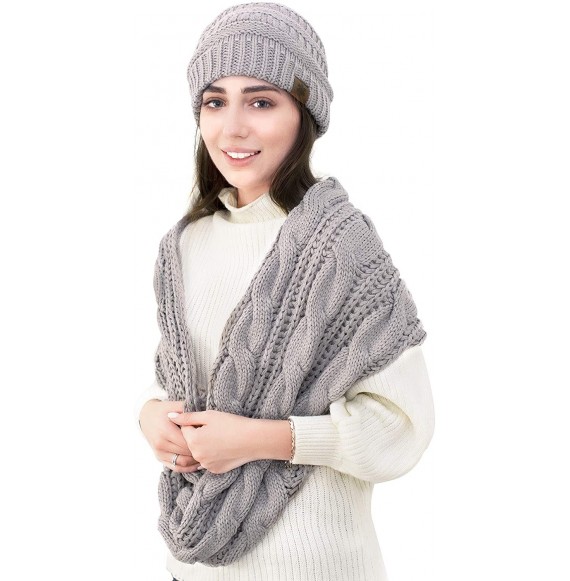 Skullies & Beanies Hat and Scarf Set Slouchy Cable Knit Beanie Winter Cap with Matching Infinity Scarf for Women - Grey - CV1...