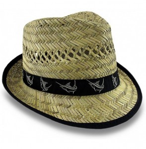 Fedoras Men's Rush Straw Fedora Hat with Marlin Embroidered Ribbon Hatband - Black - CN11JYMRX9D