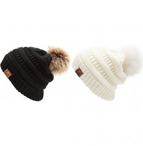 Skullies & Beanies Women's Soft Stretch Cable Knit Warm Skully Faux Fur Pom Pom Beanie Hats - 2 Pack - Black & Off White - CI...