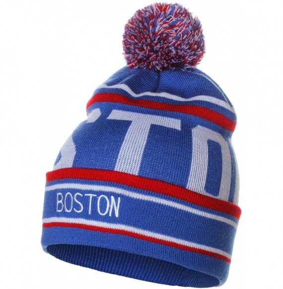 Skullies & Beanies Unisex USA Cities Fashion Large Letters Pom Pom Knit Hat Beanie - Boston Blue Red - CZ12N5RZL3P