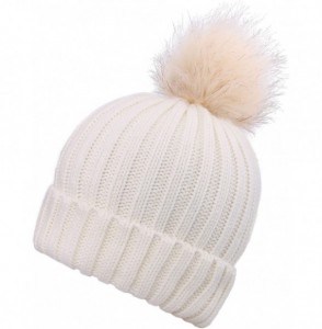 Skullies & Beanies Kids Unisex Cable Knit Beanie Cap Hat with Faux Fur Pom Pom- White - C41822SEDGC