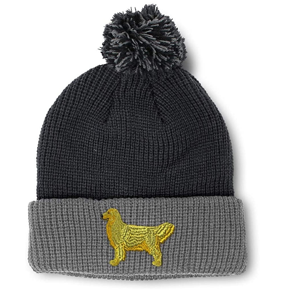 Skullies & Beanies Custom Pom Pom Beanie Golden Retriever Dog C Embroidery Acrylic - Black Grey - CY18A3IIUTM