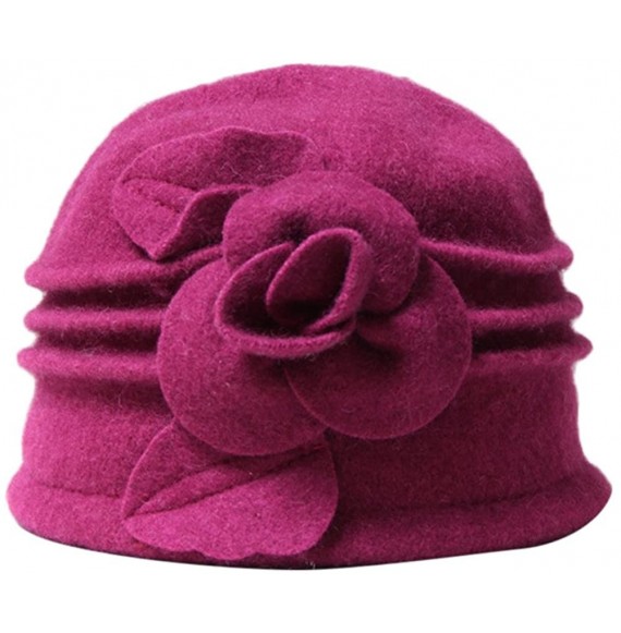 Skullies & Beanies Women 100% Wool Felt Round Top Cloche Hat Fedoras Trilby with Bow Flower - A3 Fuschia - CE185AGQYND