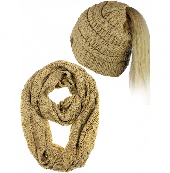 Skullies & Beanies BeanieTail Messy High Bun Cable Knit Beanie and Infinity Loop Scarf Set - Camel - CZ18KI0HAD2