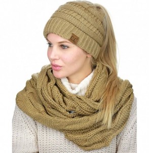 Skullies & Beanies BeanieTail Messy High Bun Cable Knit Beanie and Infinity Loop Scarf Set - Camel - CZ18KI0HAD2