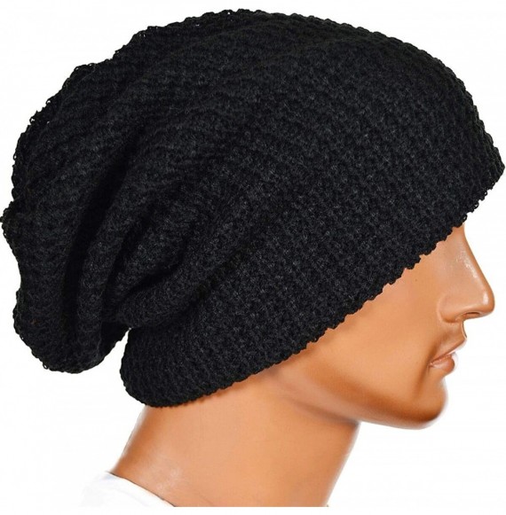 Skullies & Beanies Mens Slouchy Long Oversized Beanie Knit Cap for Summer Winter B08 - Black - CH12H0WK1IX