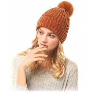 Skullies & Beanies Me Plus Women Fashion Fall Winter Soft Cable Knitted Faux Fur Pom Pom Beanie Hat - Solid Chenille - Brown ...