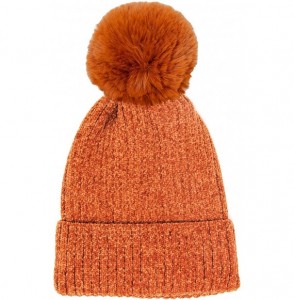 Skullies & Beanies Me Plus Women Fashion Fall Winter Soft Cable Knitted Faux Fur Pom Pom Beanie Hat - Solid Chenille - Brown ...