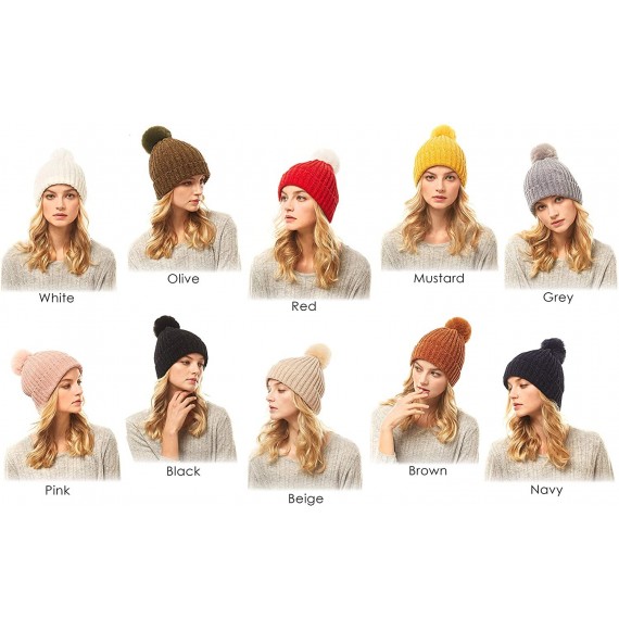 Skullies & Beanies Me Plus Women Fashion Fall Winter Soft Cable Knitted Faux Fur Pom Pom Beanie Hat - Solid Chenille - Brown ...