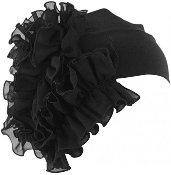 Skullies & Beanies Women Flower Solid Ruffle Cancer Chemo Elegant Hat Beanie Turban African Head Scarf Wrap Cap - Black - CD1...