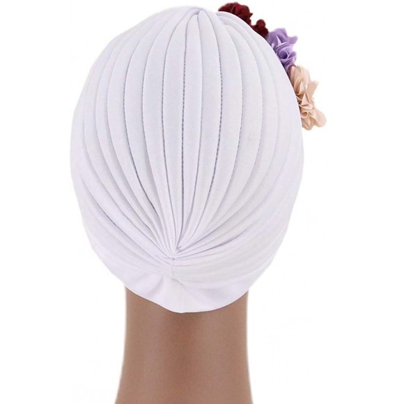 Skullies & Beanies Shiny Metallic Turban Cap Indian Pleated Headwrap Swami Hat Chemo Cap for Women - White Flower - CS18Z62XWM5