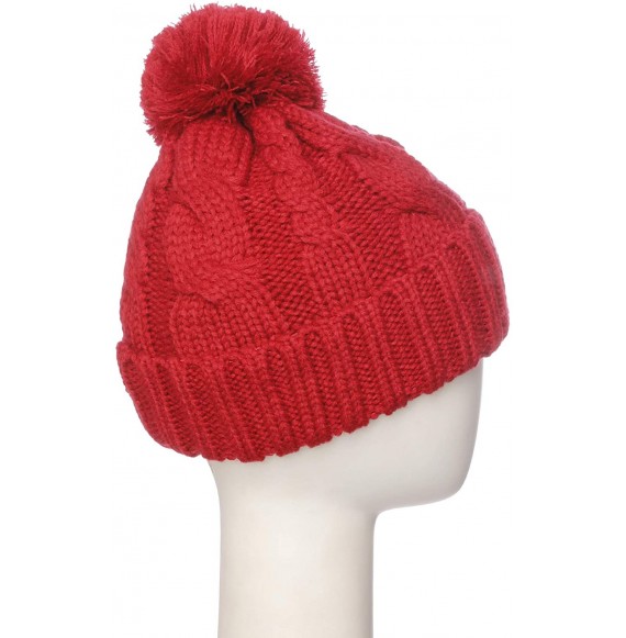 Skullies & Beanies Women Chunky Soft Strech Cable Knit Pom Pom Beanie Sherpa Fleece Lined - Red - C318KIOECDS