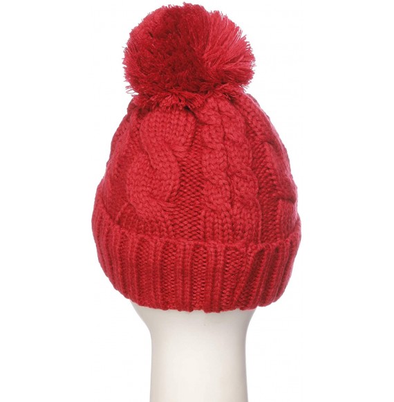 Skullies & Beanies Women Chunky Soft Strech Cable Knit Pom Pom Beanie Sherpa Fleece Lined - Red - C318KIOECDS