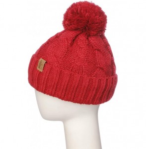 Skullies & Beanies Women Chunky Soft Strech Cable Knit Pom Pom Beanie Sherpa Fleece Lined - Red - C318KIOECDS